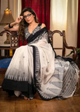 White and Black Color Printed Cotton Linen Saree With Blouse