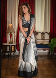 White and Black Color Printed Cotton Linen Saree With Blouse